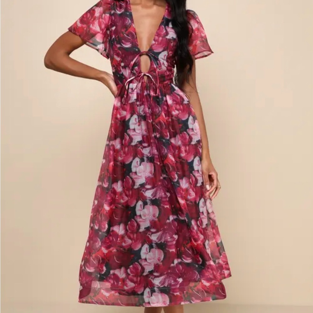 Lulu's Burgundy Floral Midi Dress
